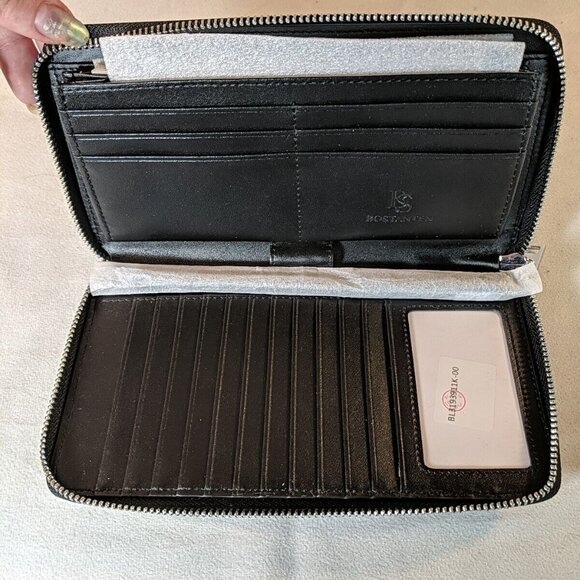 Bostanten Leather Zip Around Wallet Black RFID Blocking Pebbled Silver NWOT Card - Picture 7 of 11
